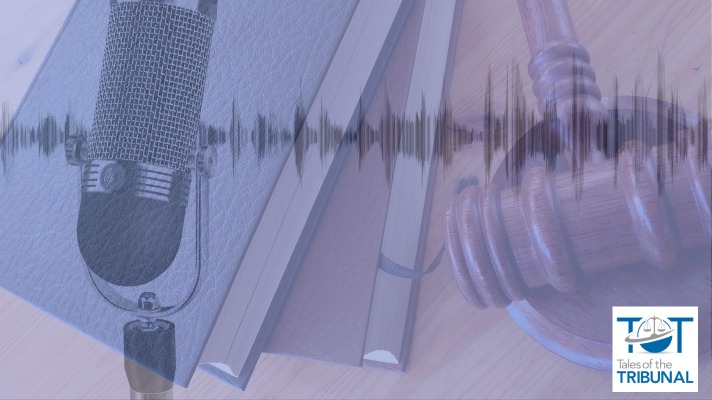 Graphic with a professional microphone, law books, audio lines, and a gavel and block. Made by Sarandipity - Visual Reality.